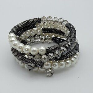 Gunmetal Tone Mesh Chain White Faux Pearl And Glass Wrap Bracelet Sizable Coil